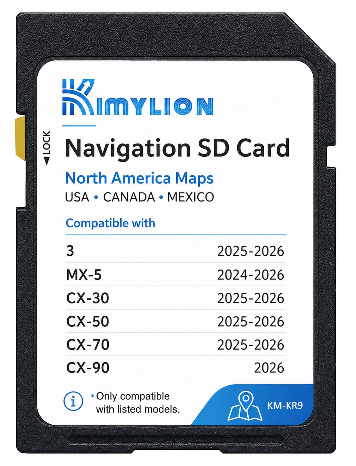 Kimylion SD card packaging showing compatible Mazda models and included maps benefit