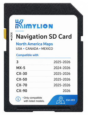 Kimylion SD card packaging showing compatible Mazda models and included maps benefit