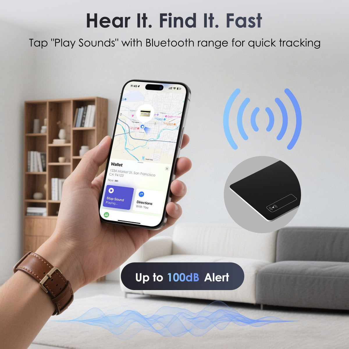 KINDEEP Wallet Tracker Card emits up to 100dB for audible alerts inside bags.