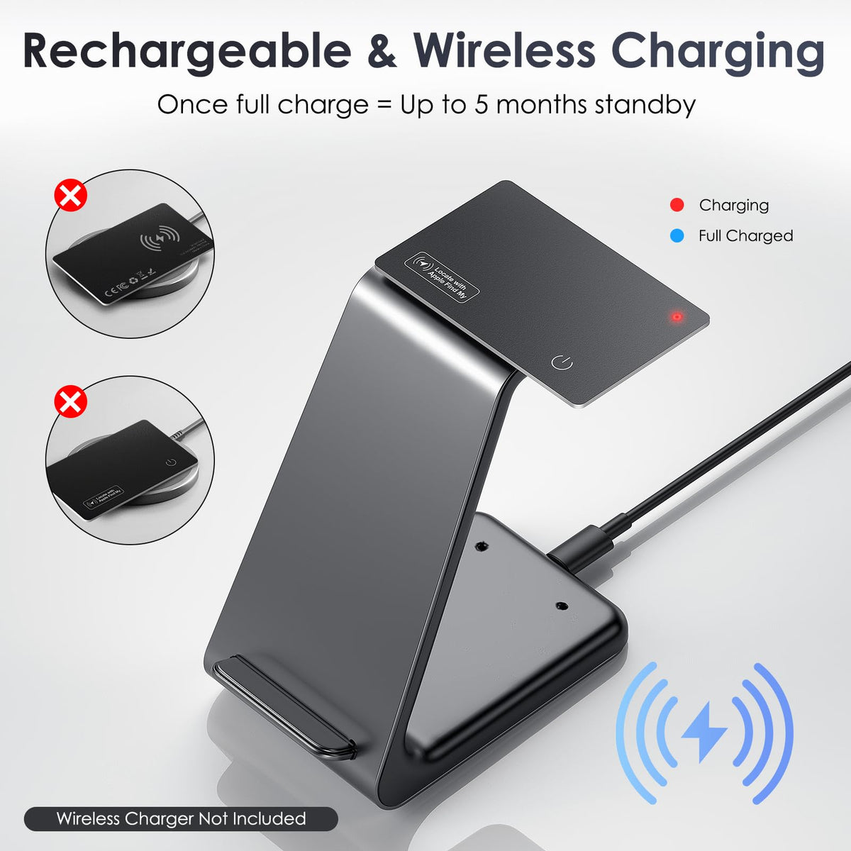 KINDEEP Wallet Tracker Card supports Qi wireless charging for easy power.