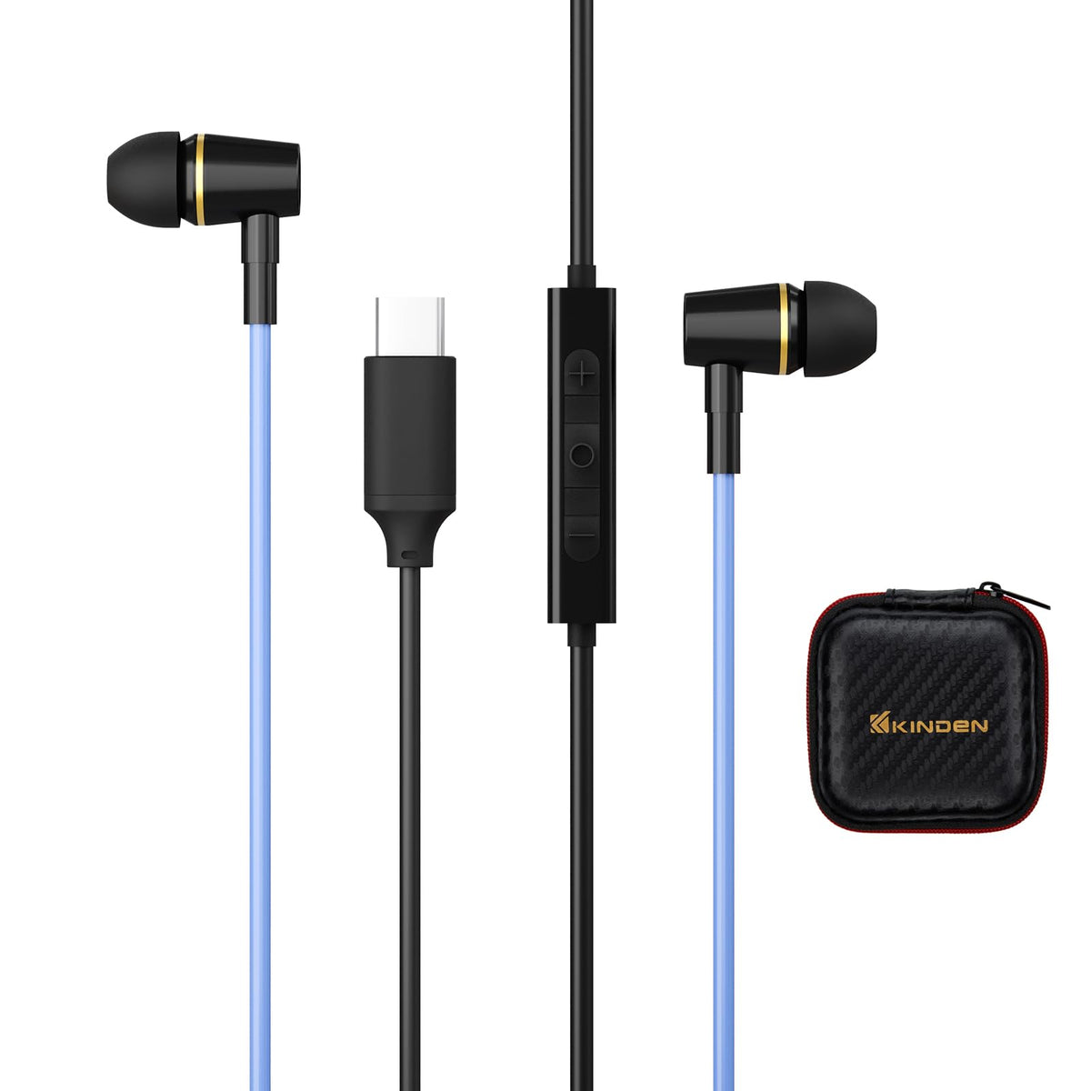 KINDEN air-tube headphones in case for easy, tangle-free portability.