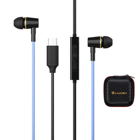 KINDEN air-tube headphones in case for easy, tangle-free portability.
