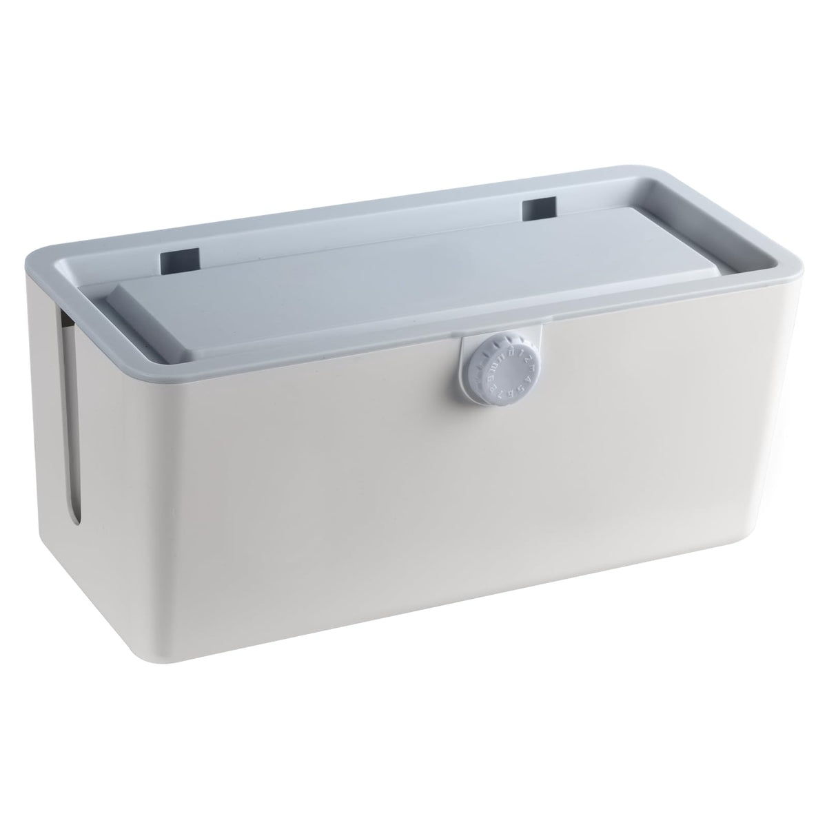 KinderSense gray box blends with décor while hiding power strips.