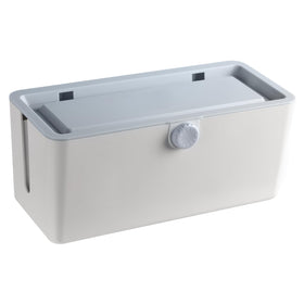 KinderSense gray box blends with décor while hiding power strips.