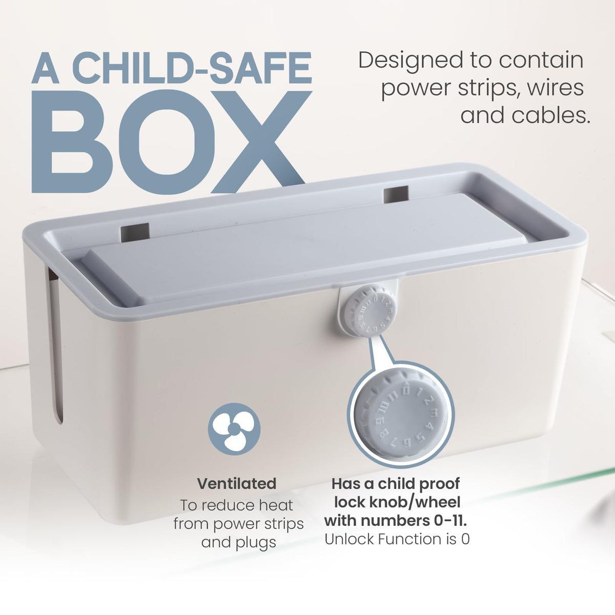 KinderSense cable box gray with child-proof lock knob ensuring safe access control.