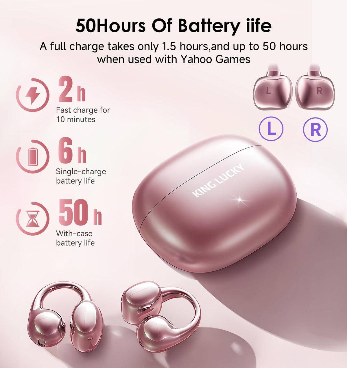 King Lucky charging case open beside earbuds showing 50-hour total battery convenience