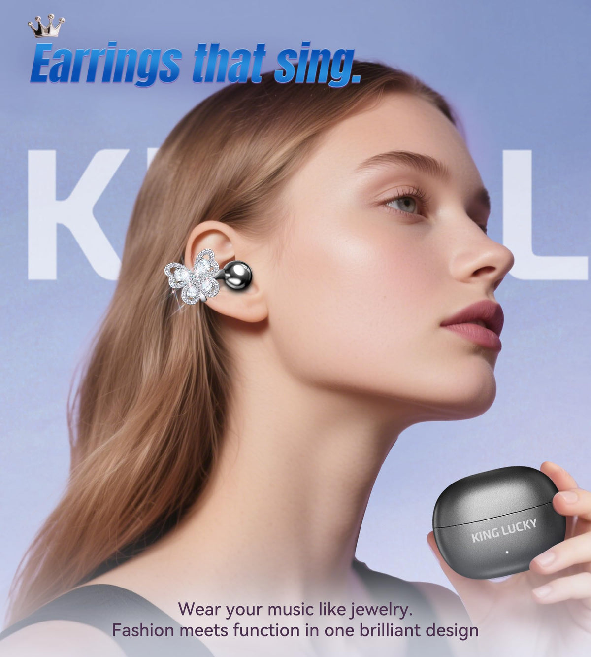King Lucky earbud front profile close-up, highlights sleek jewelry-inspired appearance and comfort