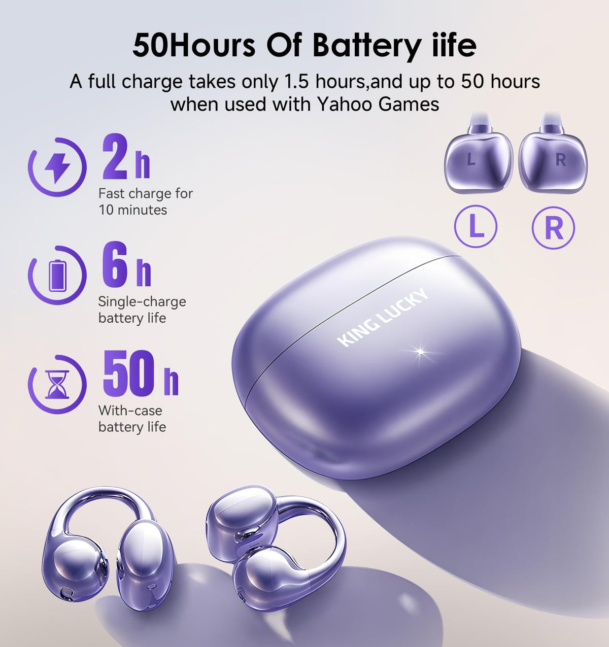King Lucky Gen3 charging case open with earbuds displaying 50h total playtime benefit