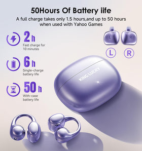 King Lucky Gen3 charging case open with earbuds displaying 50h total playtime benefit
