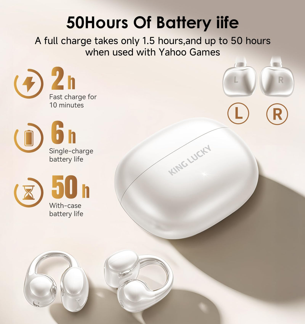 King Lucky charging case open beside earbuds for long 50-hour battery