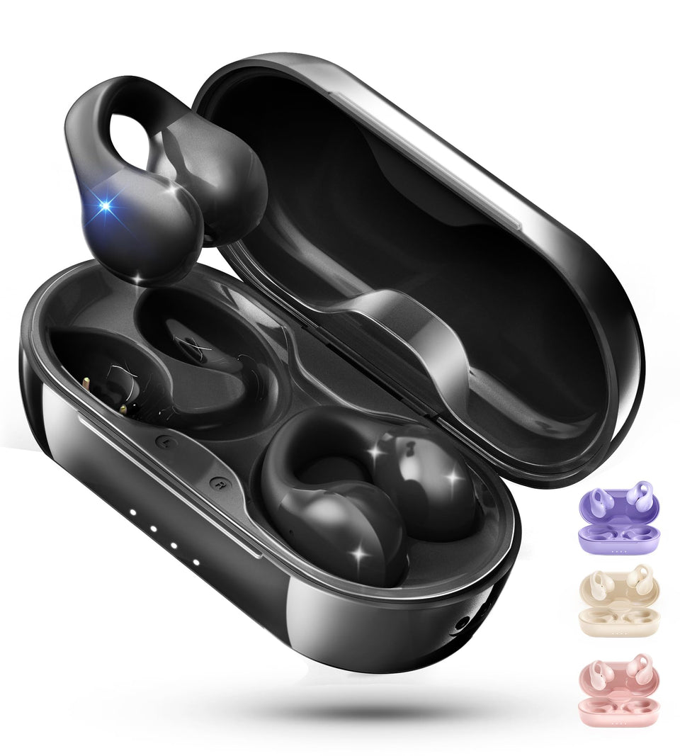 King Lucky i21 open-ear black earbuds ready for workouts, secure clip-on fit