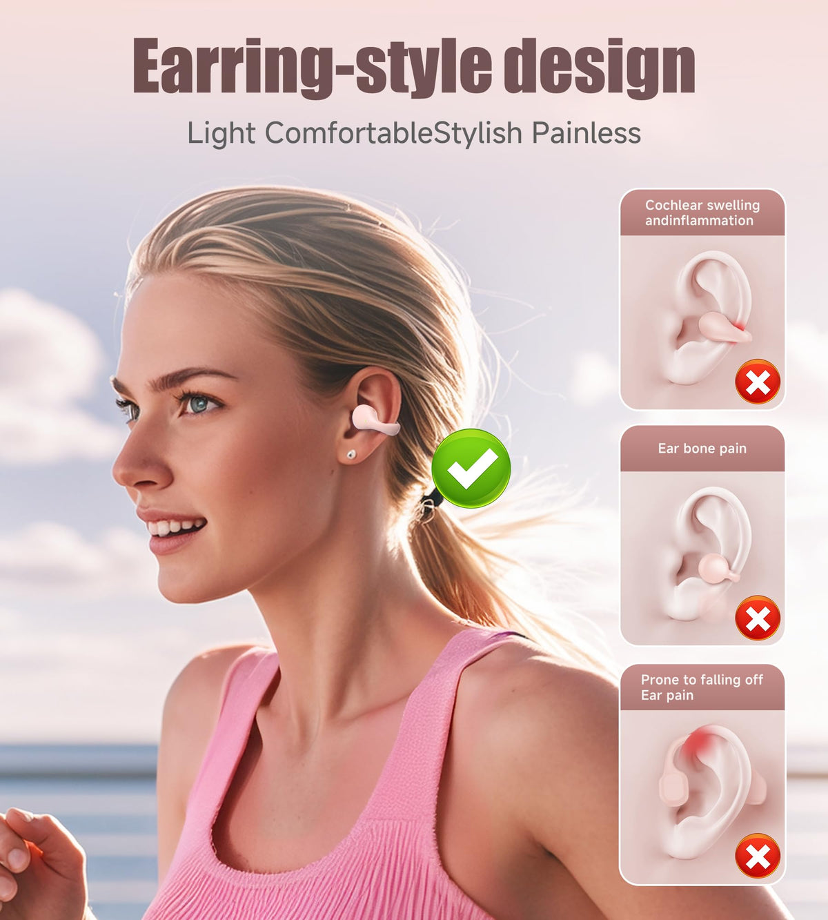 King Lucky i21 open-ear buds pink worn with glasses ensures secure fit