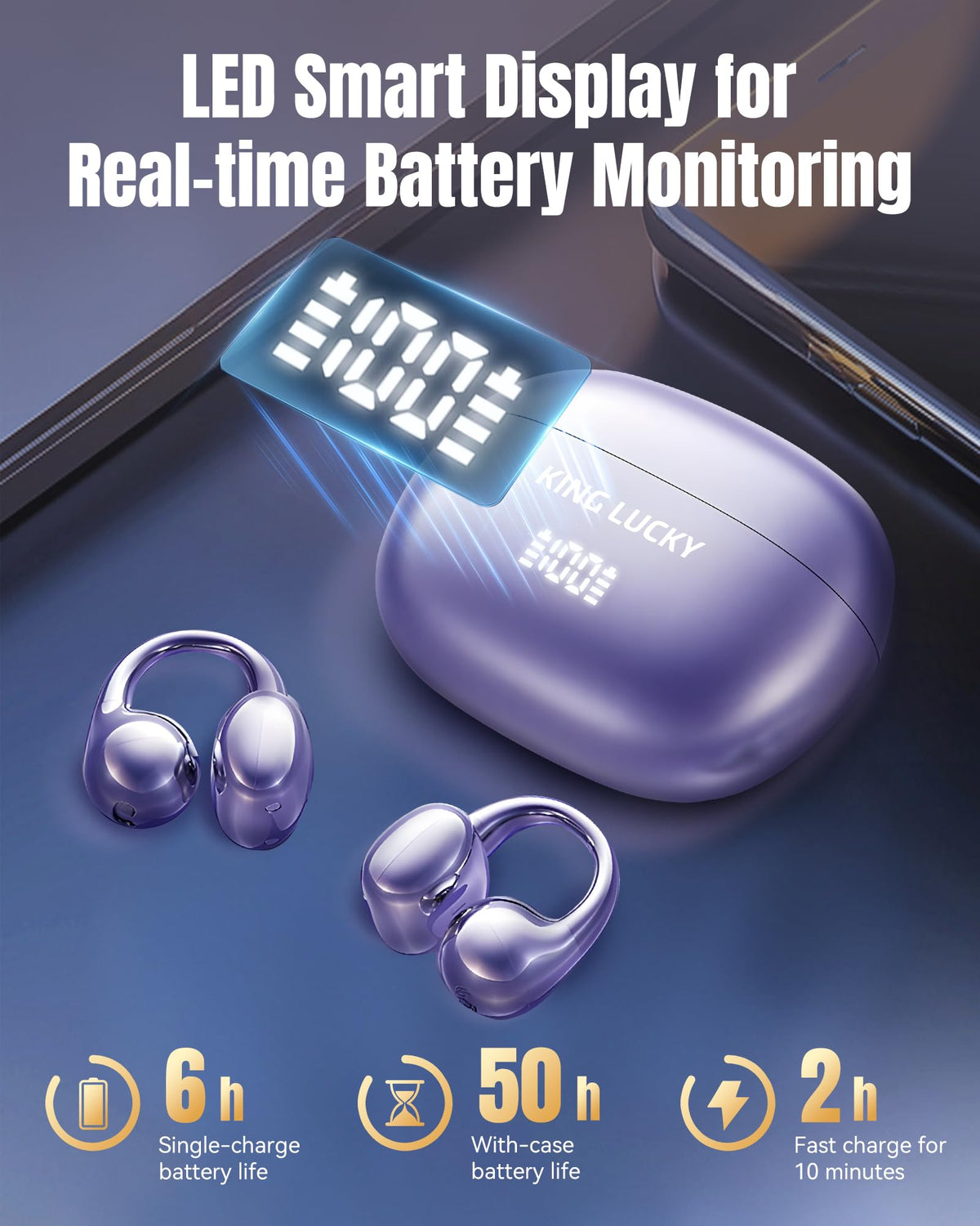King Lucky earbuds worn with glasses, demonstrating no-pressure fit benefit