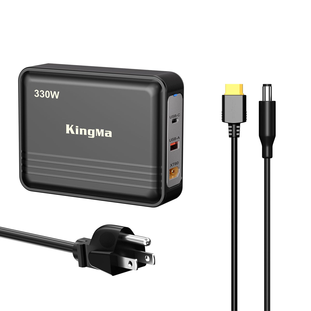 King Ma charger front view showing ports and compact form, ensures powerful charging