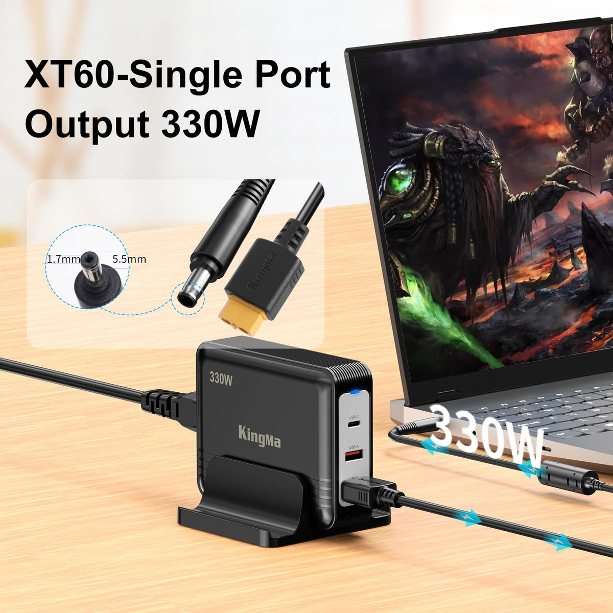 King Ma 330W GaN charger back ports layout for versatile connectivity.