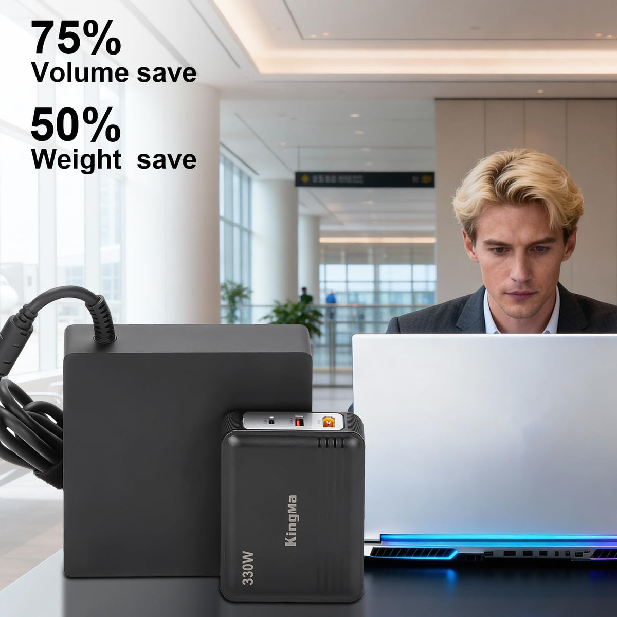 King Ma 330W GaN charger, side XT60 port, supports simultaneous charging for laptops and devices
