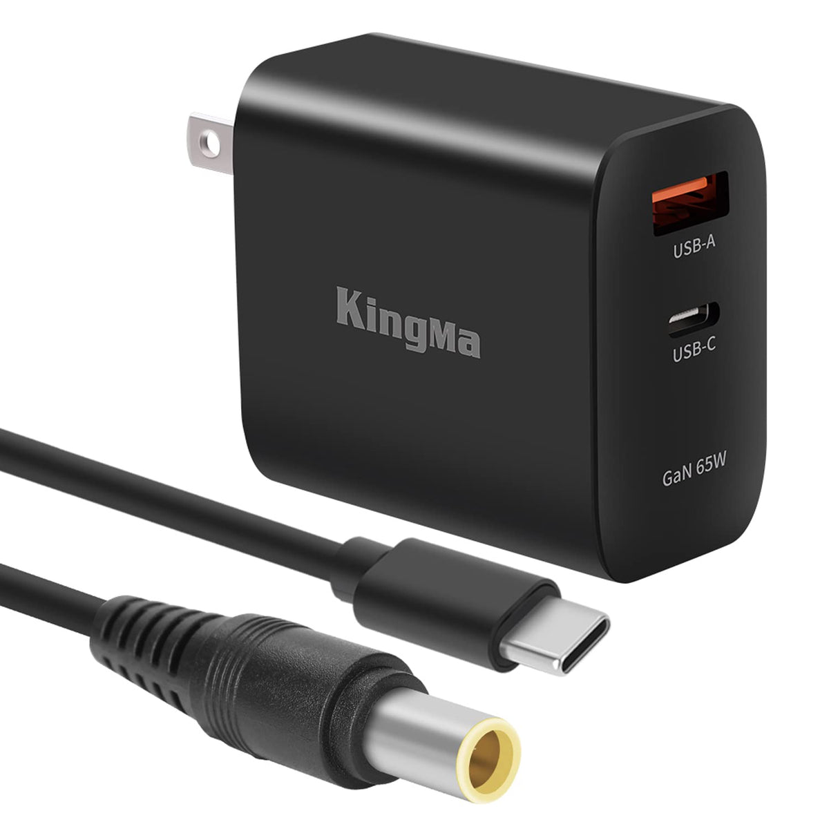King Ma 65W charger front view showing compact GaN design and USB-C port for fast charging