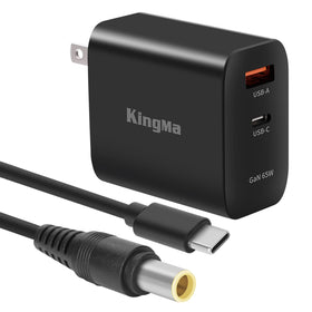 King Ma 65W charger front view showing compact GaN design and USB-C port for fast charging