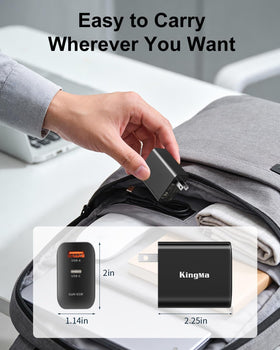 King Ma charger tucked into a travel bag highlighting travel-friendly compactness