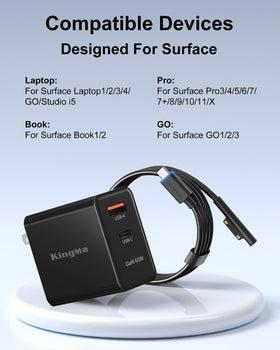 King Ma charger powering a Surface Pro on a desk illustrating reliable fast charging