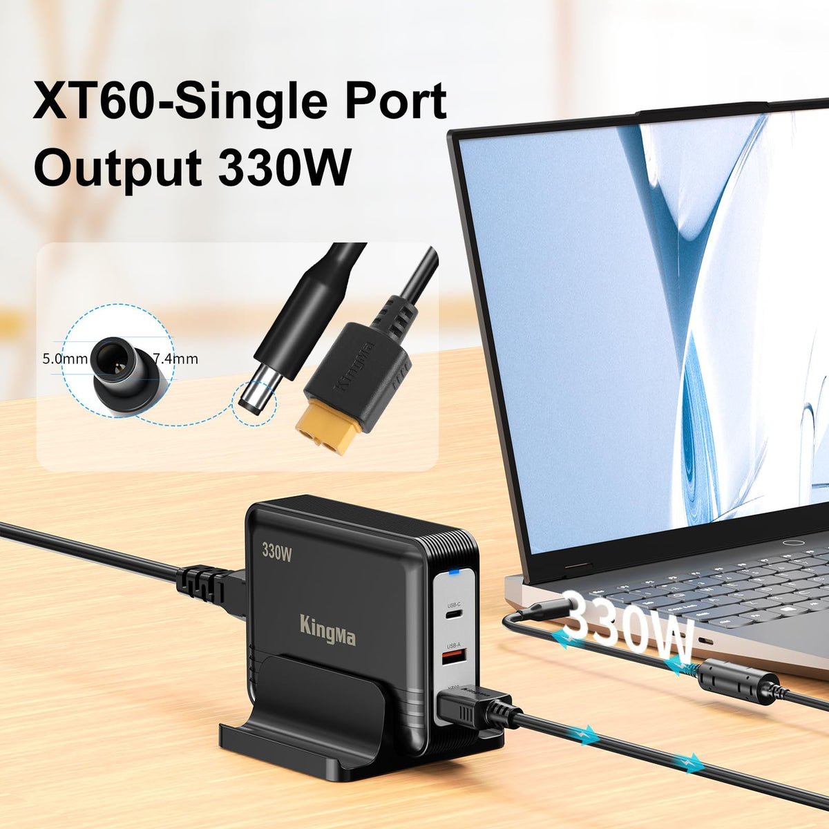 King Ma charger in use on desk with laptop providing reliable power during gaming