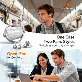 Kinglucky case open displaying in-ear and clip-on earbuds for easy style swapping