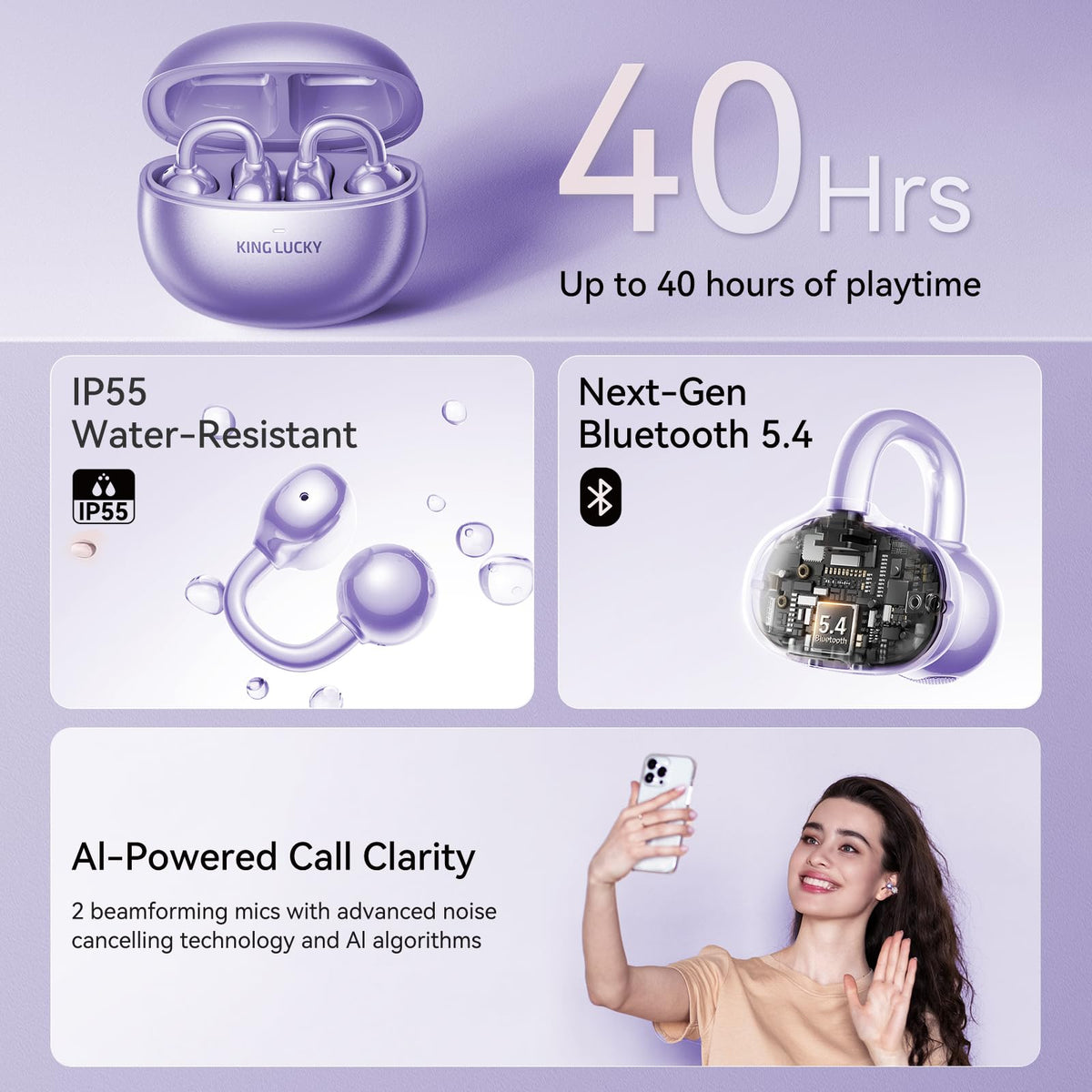 Kinglucky charging case open with earbuds inside showing extended 40H playtime benefit