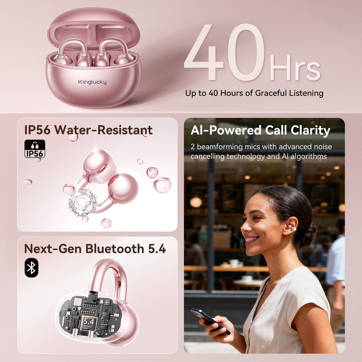 Kinglucky charging case open shows long 40H playtime benefit