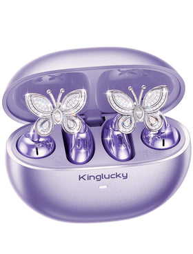 Kinglucky front packaging showing purple clip-on earbuds and gift-ready box benefit style