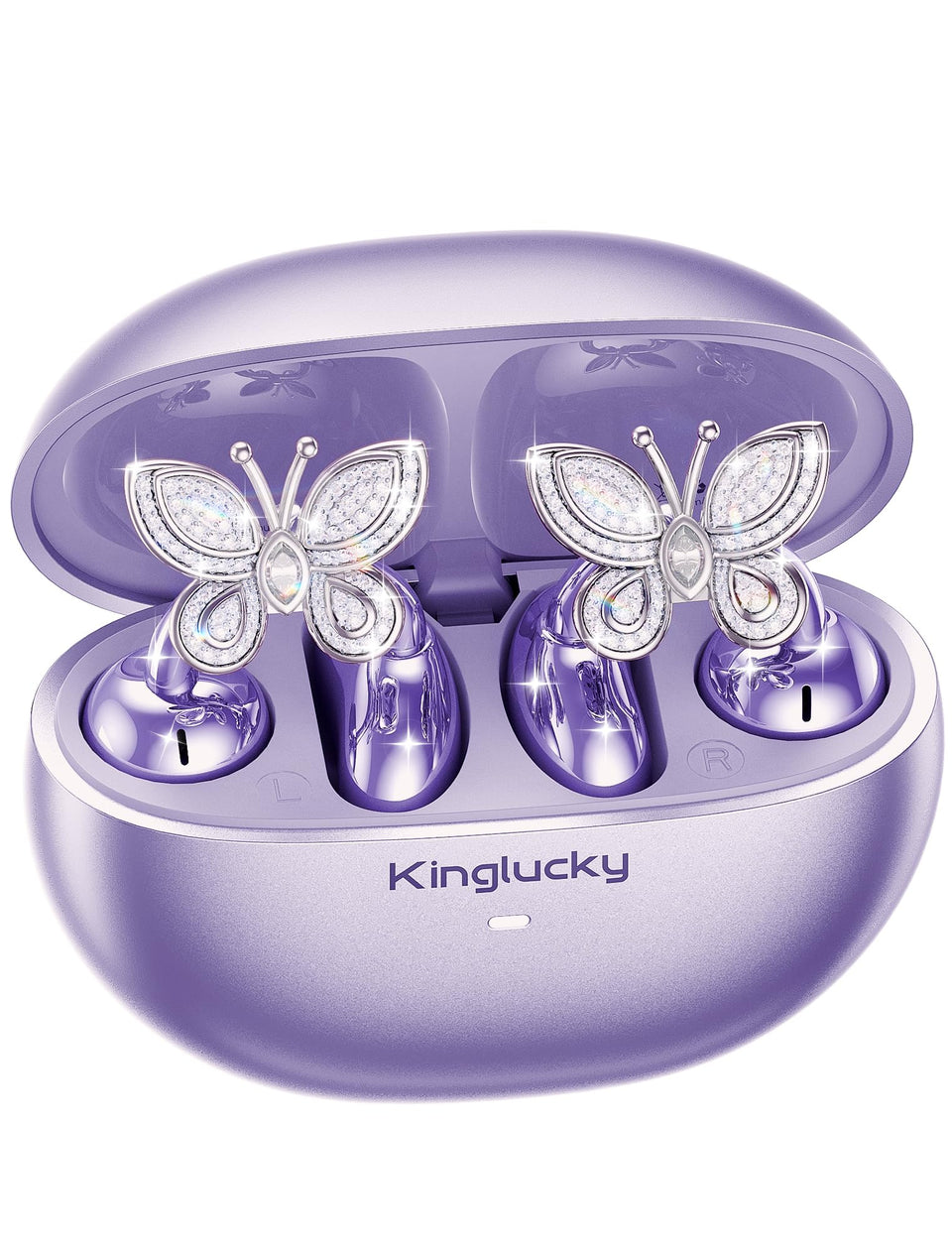 Kinglucky front packaging showing purple clip-on earbuds and gift-ready box benefit style