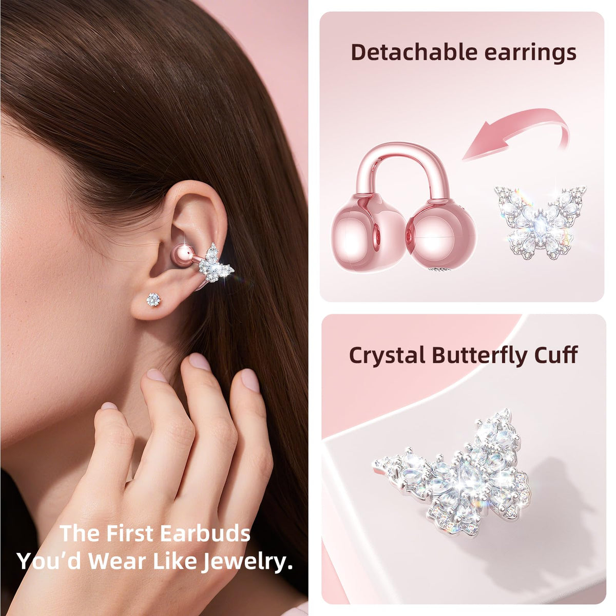 Kinglucky close-up of sparkle butterfly earrings, shows decorative detail and shine