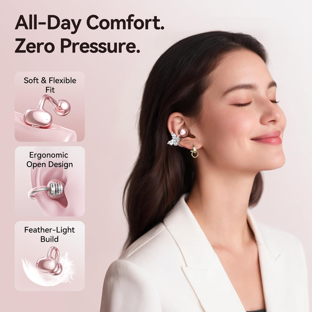 Kinglucky earbud profile clipped on ear, demonstrates comfortable open-ear fit