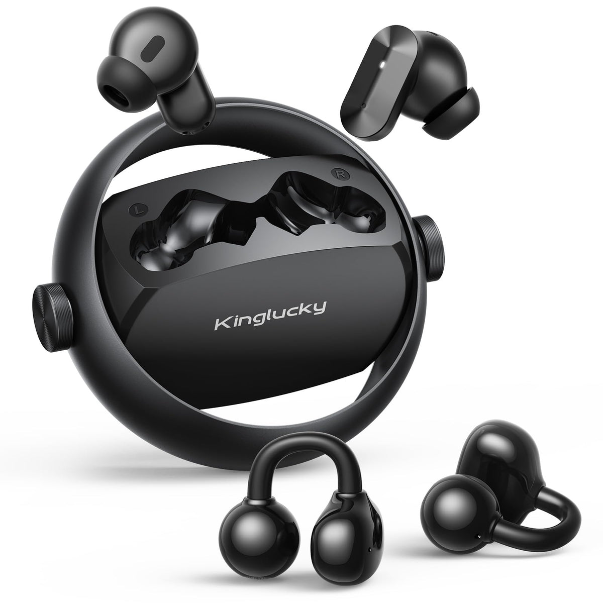 Kinglucky front packaging showing earbuds and case, clear product overview benefit