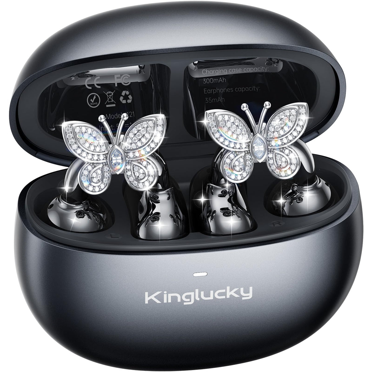 Kinglucky front packaging box showing earbuds and elegant jewelry presentation and easy unboxing