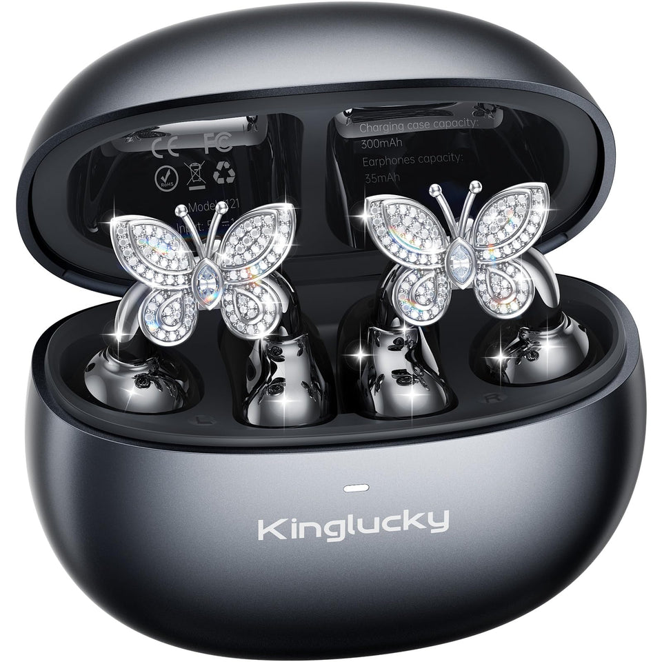 Kinglucky front packaging box showing earbuds and elegant jewelry presentation and easy unboxing