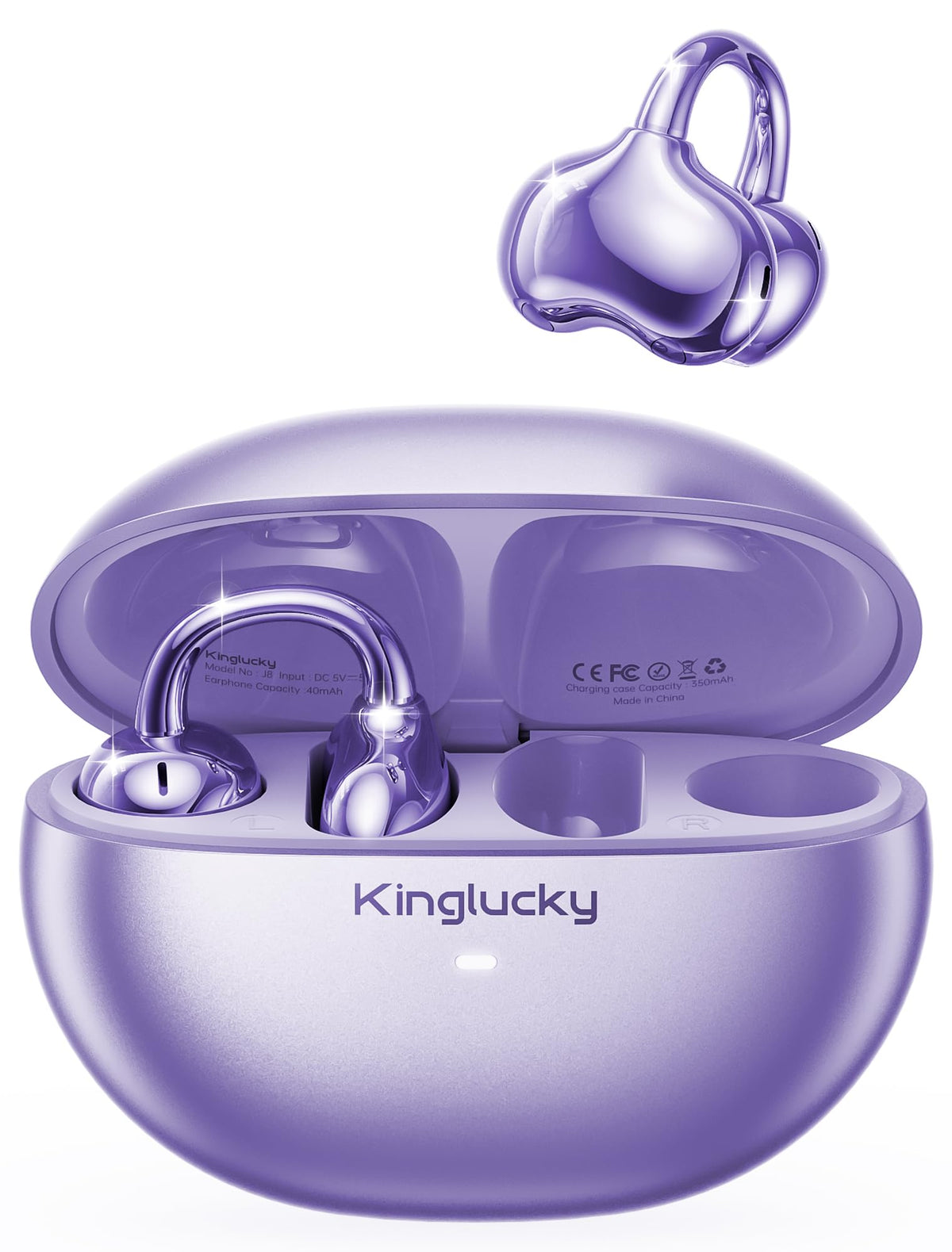 Kinglucky front packaging showing purple earbuds and benefits for easy unboxing