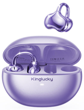 Kinglucky front packaging showing purple earbuds and benefits for easy unboxing