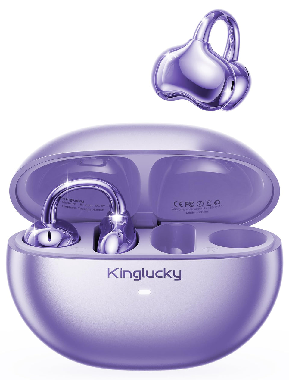 Kinglucky front packaging showing purple earbuds and benefits for easy unboxing