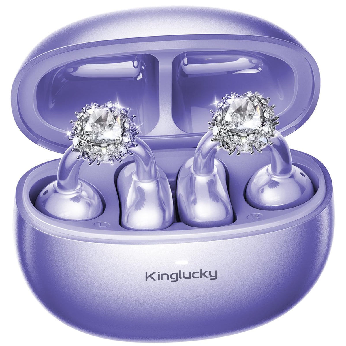 Kinglucky front packaging showing purple earbuds and gift-ready box, fashionable presentation benefit