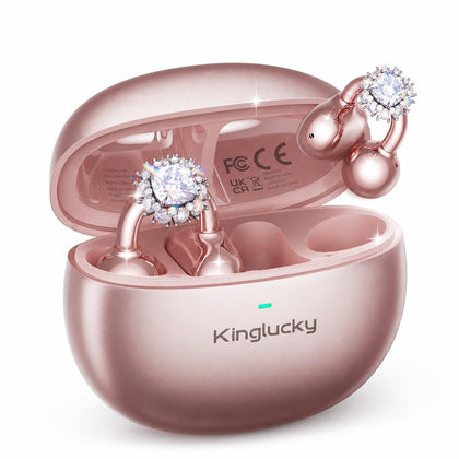 Kinglucky front packaging shows rose gold earbuds and benefits