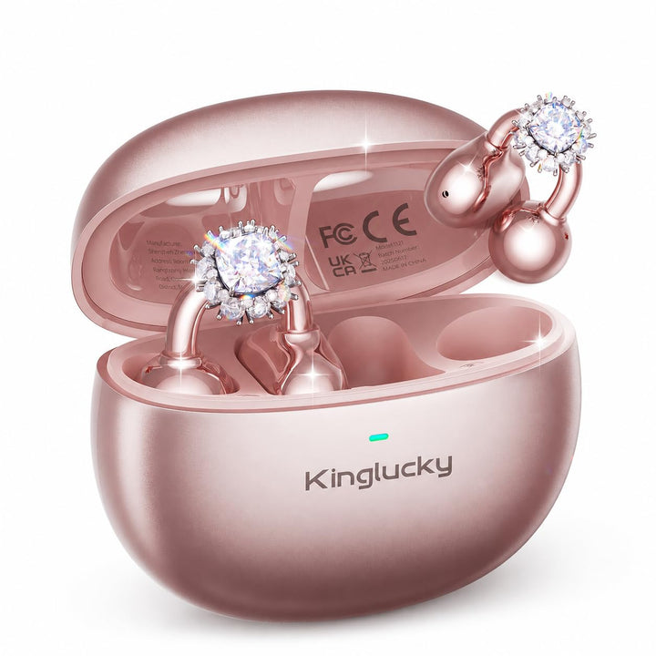 Kinglucky front packaging shows rose gold earbuds and benefits