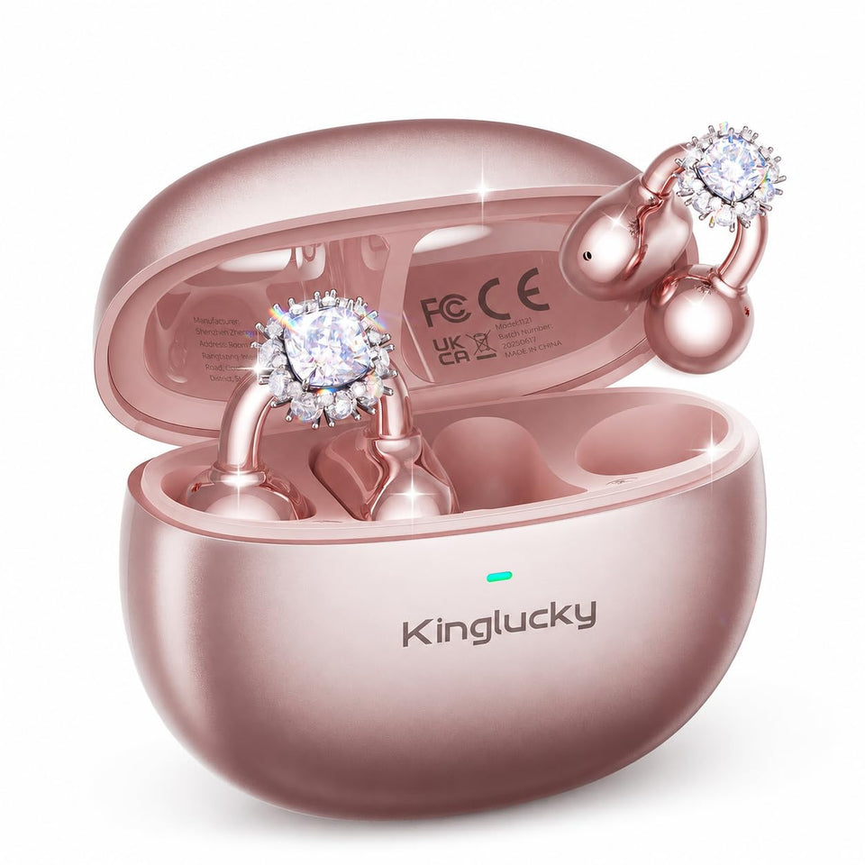 Kinglucky front packaging shows rose gold earbuds and benefits