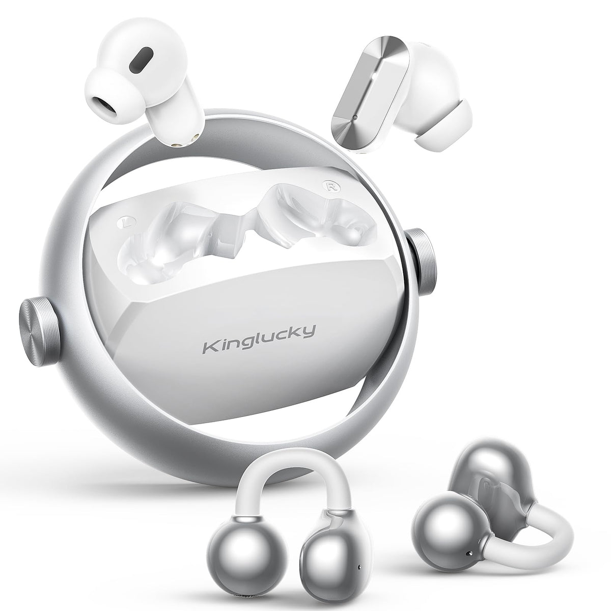 Kinglucky front product shot showing both earbuds and case, showcasing versatility
