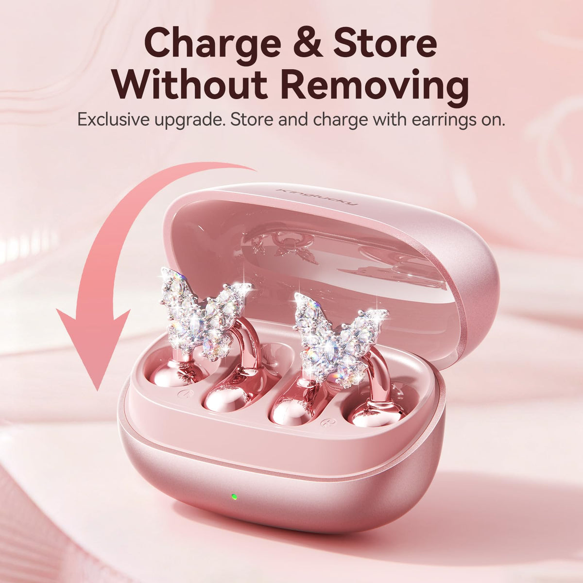 Kinglucky Gen2 case open with earrings attached for easy storage