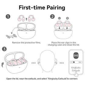 Kinglucky earbuds worn by woman at desk showing hands-free calling benefit and all-day comfort