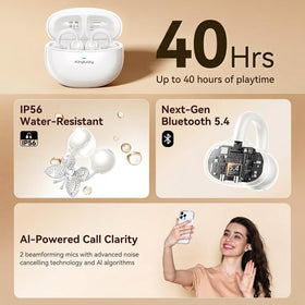Kinglucky earbuds shown on small-ear model, demonstrating scale and secure fit