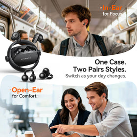 Kinglucky open spinner charging case revealing both earbud styles, convenient swap benefit