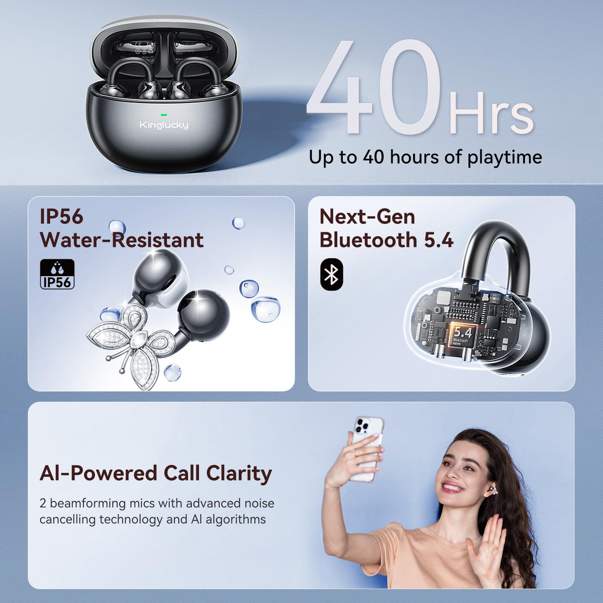 Kinglucky earbuds with water droplets illustrating IP56 splash protection for active use