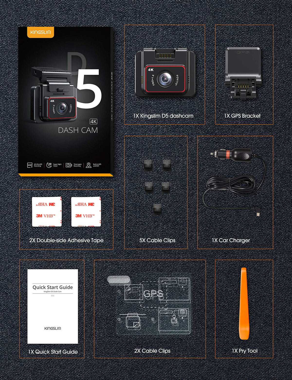 Kingslim D5 packaging and accessories laid out, includes charger and mount