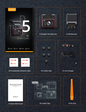 Kingslim D5 packaging and accessories laid out, includes charger and mount